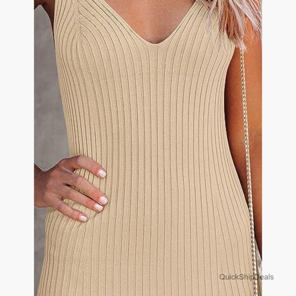 Viscose Polyamide Ribbed Knit Bodycon Midi Dress V Neck Sleeveless - Picture 5 of 7